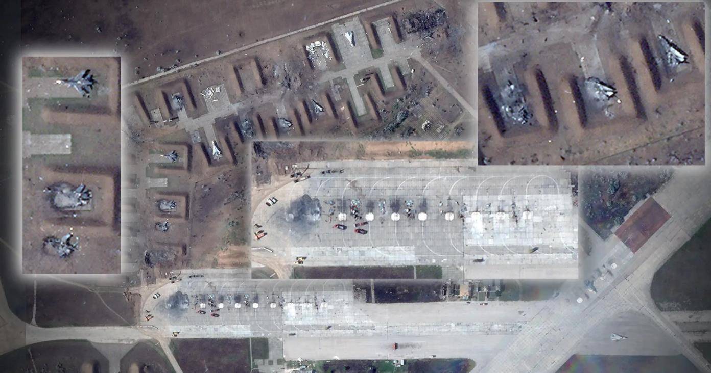 卫星拍摄爆炸后克里米亚空军基地,照片显示至少十架战机被毁