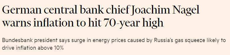 德国央行行长：能源价格飙升，通胀或创70年来新高