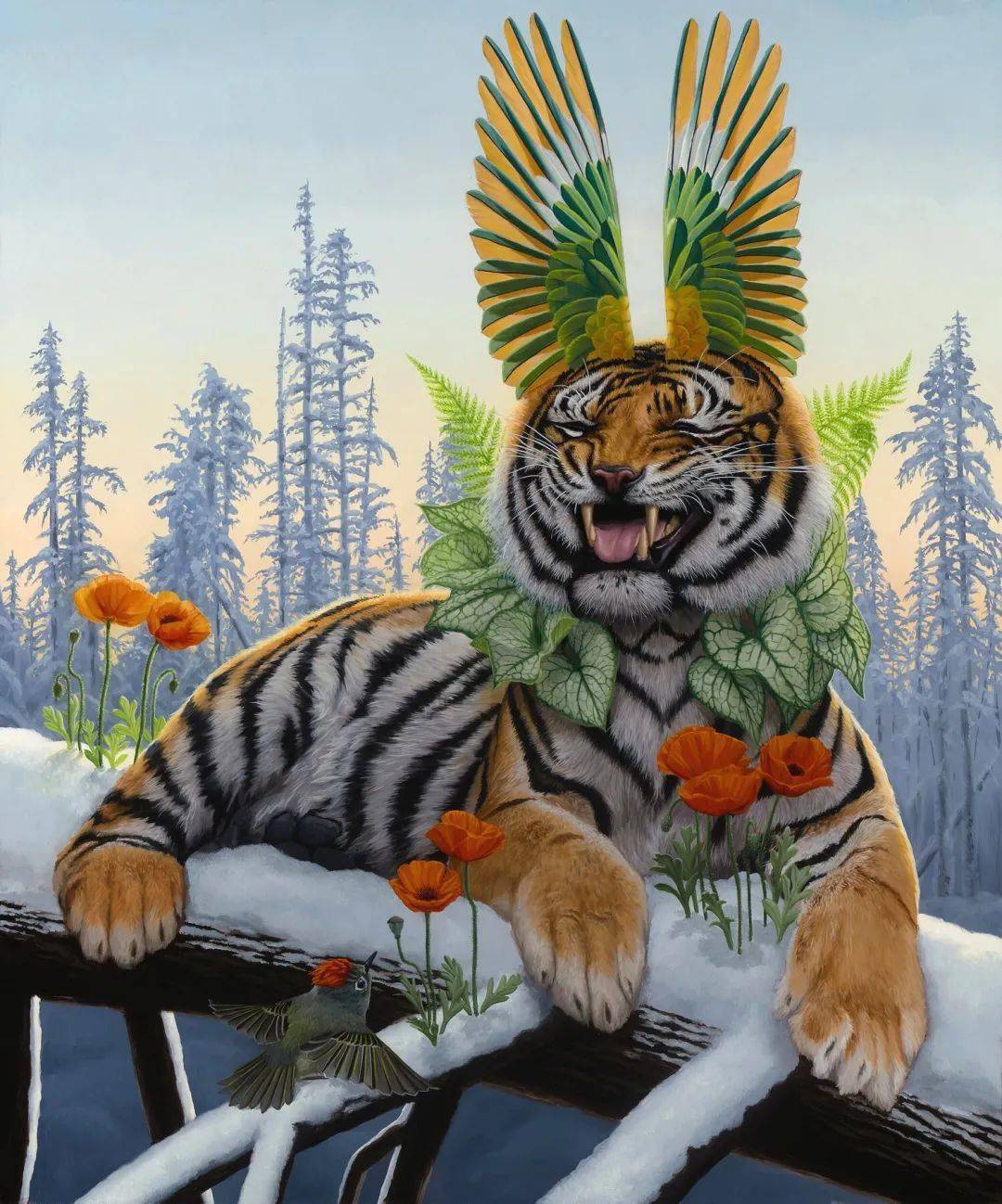 鸟类之外,乔恩·金还创作了其他动物的"头上开花"系列超现实油画作品