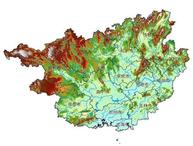 从地形图上来看,广西境内有许多大山,比如:十万大山,九万大山,六万