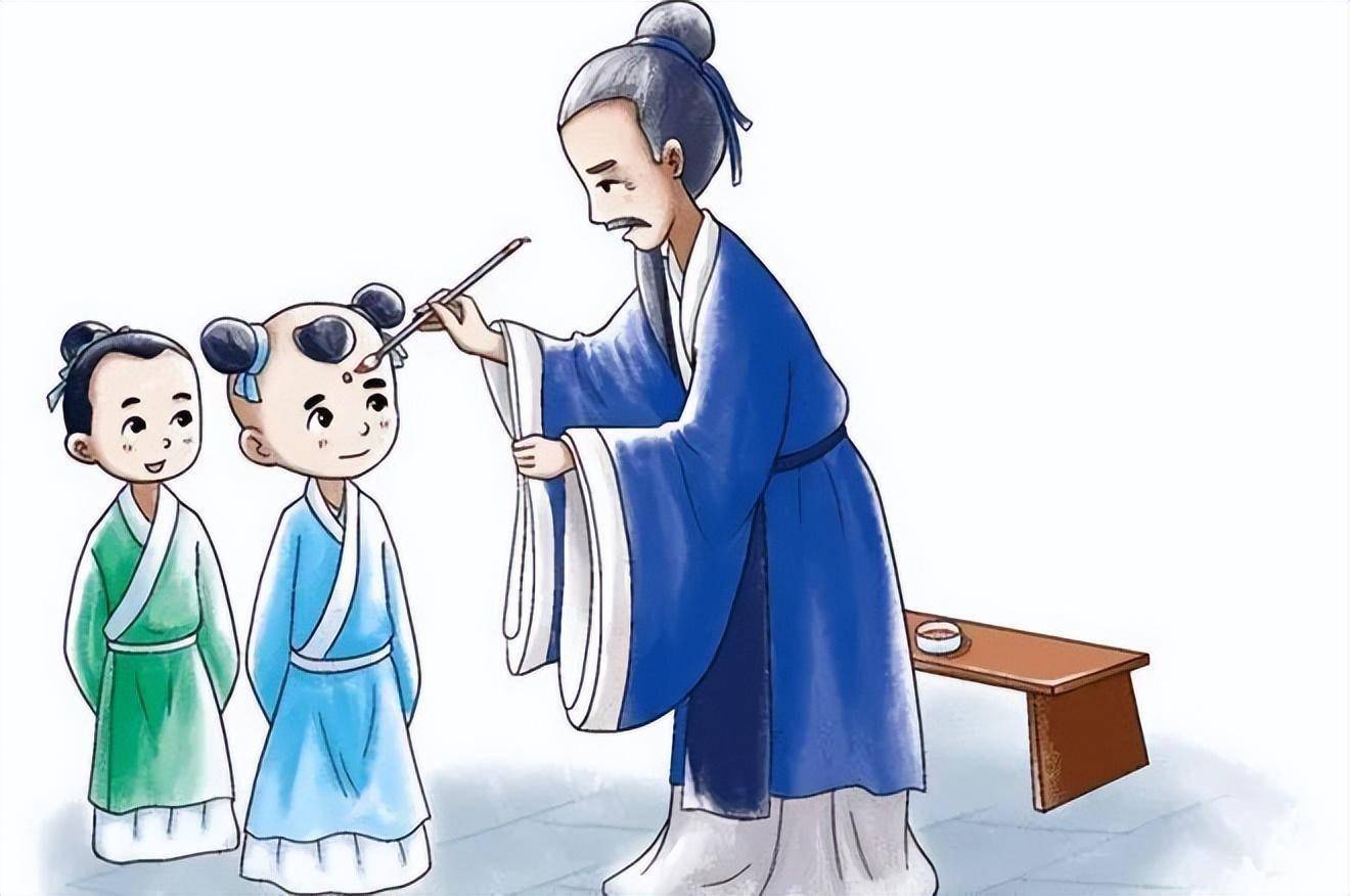 "朱砂开智"就是先生手持蘸有朱砂的毛笔,在学生眉心处点上一个红痣.