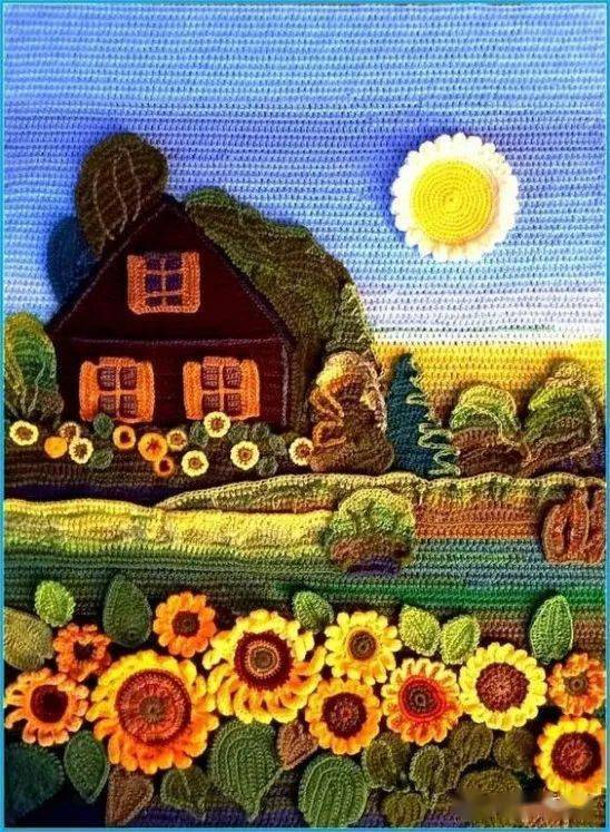 她把钩针当成了画刷,钩出的立体画瞬间让人惊叹!_底布_画面_唯美