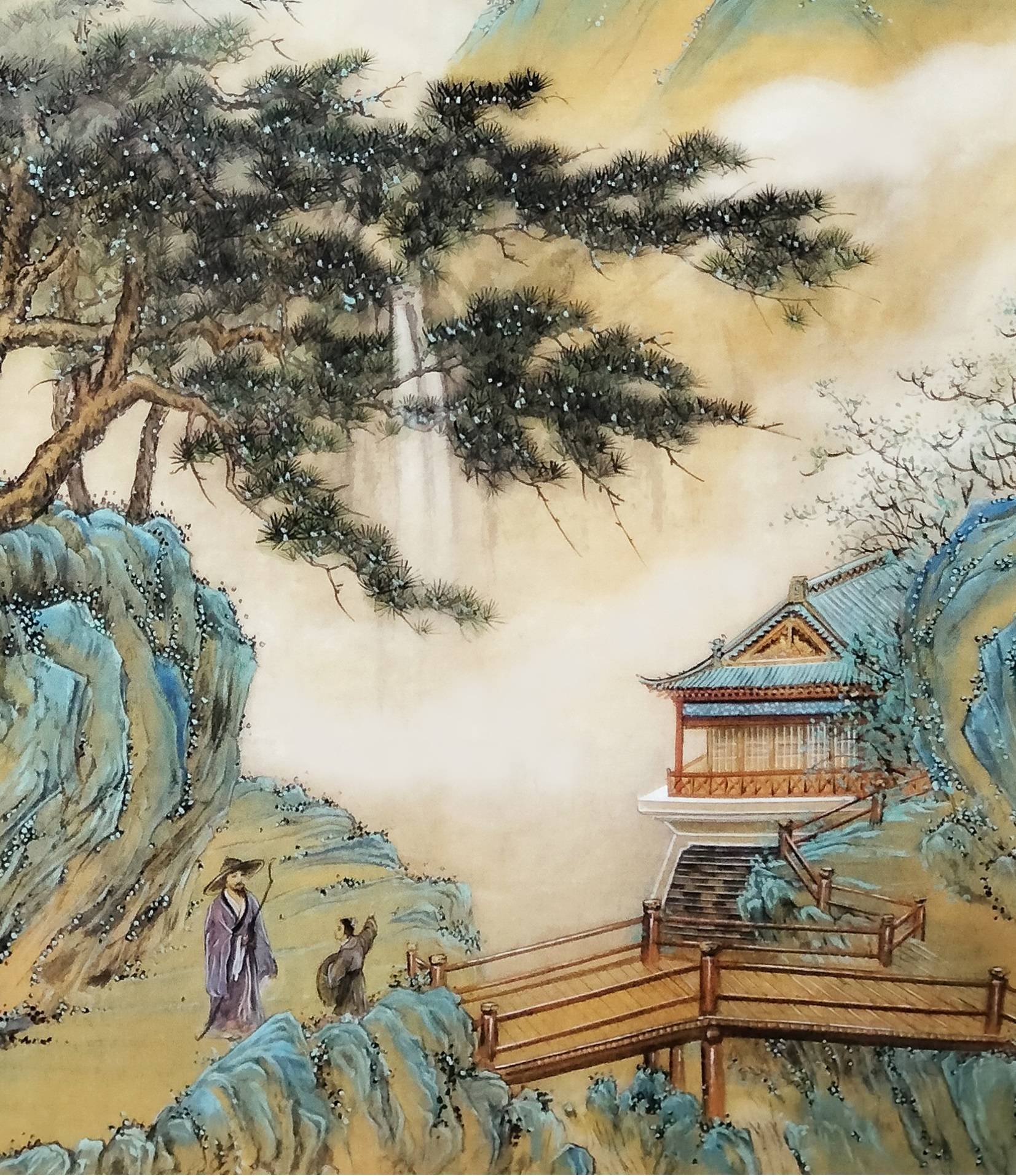 界画寒江---工笔青绿山水界画《松下问童子》_手机搜狐网