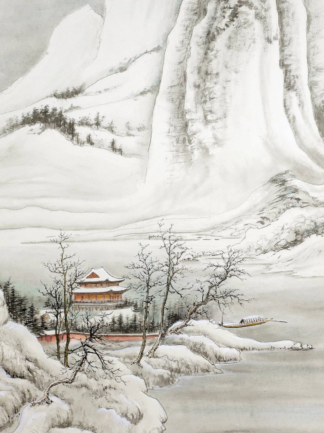 界画寒江---工笔山水雪景界画,仿宋徽宗的《雪江归棹图》局部.