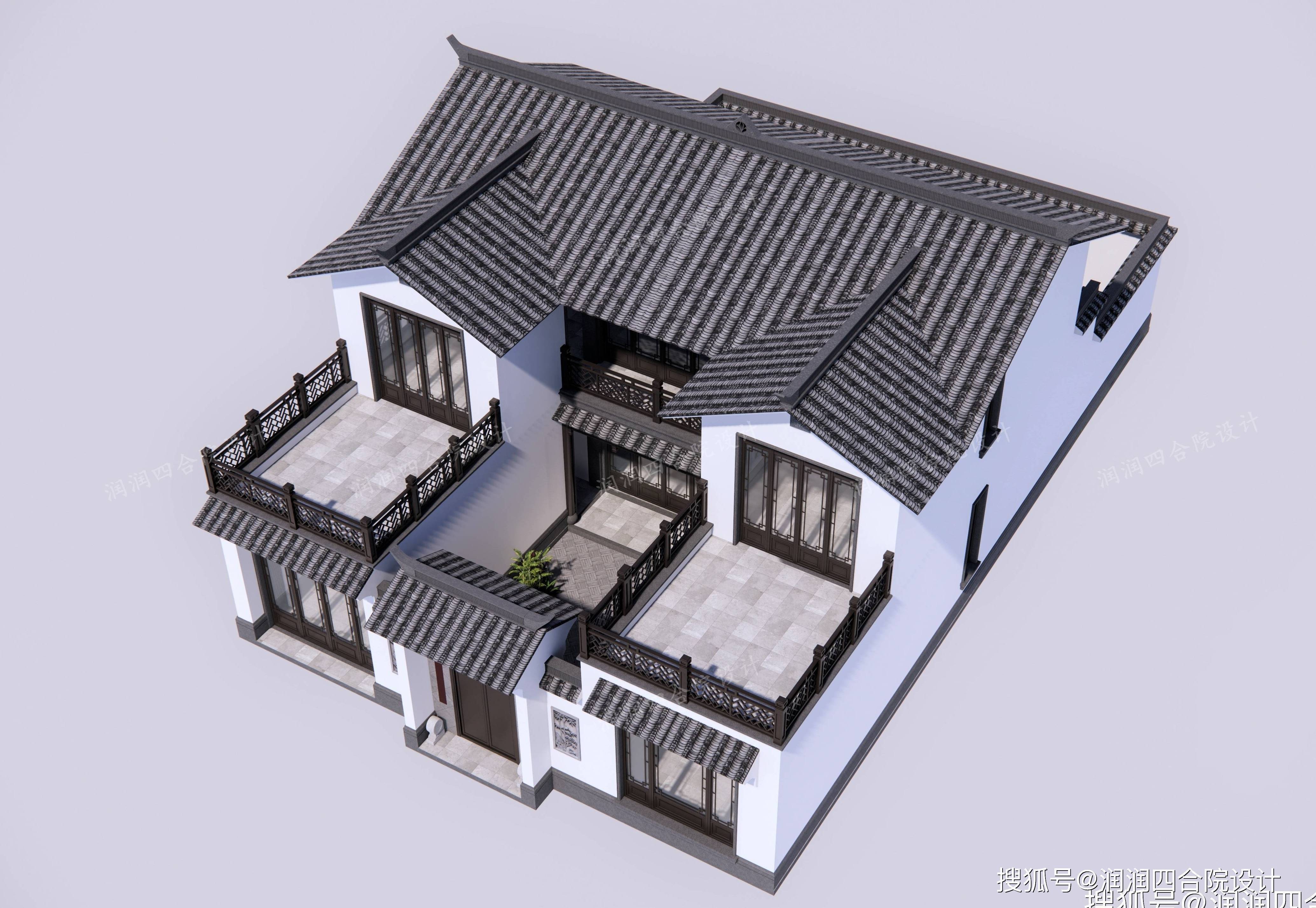 户型3新中式合院别墅鸟瞰——润润四合院设计户型3新中式合院别墅透视