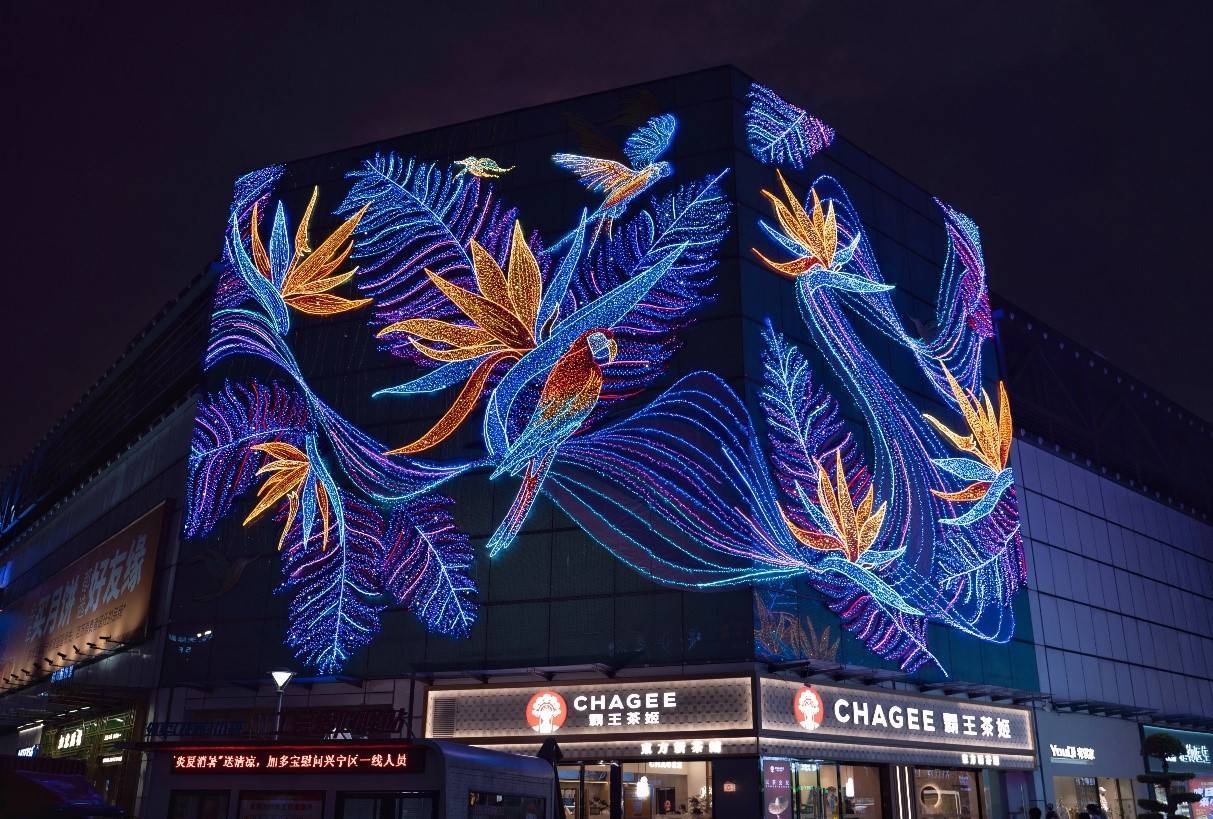 夜空彩虹全新天堂鸟主题灯饰画,打造南宁印象城潮流时尚美学_灯光