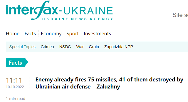 “乌克兰”乌克兰武装部队总司令称俄军已向乌发射75枚导弹，其中41枚被拦截