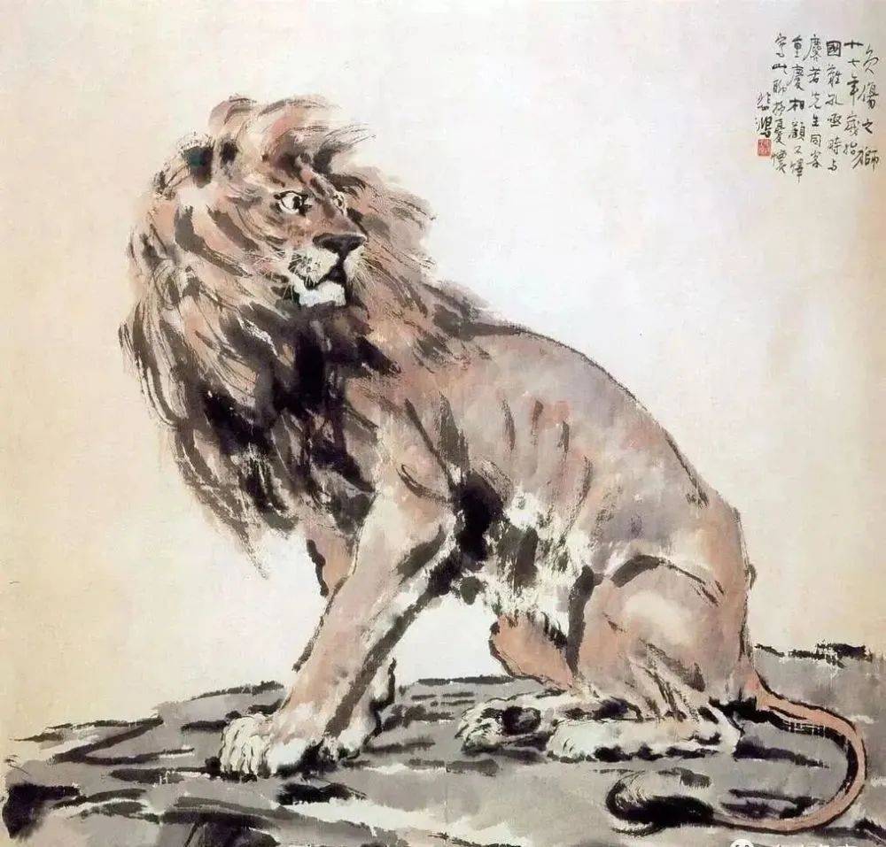 1943年,抗战时期,徐悲鸿画了一幅群狮占据富士山的《会师东京》_雄狮_中国_画面