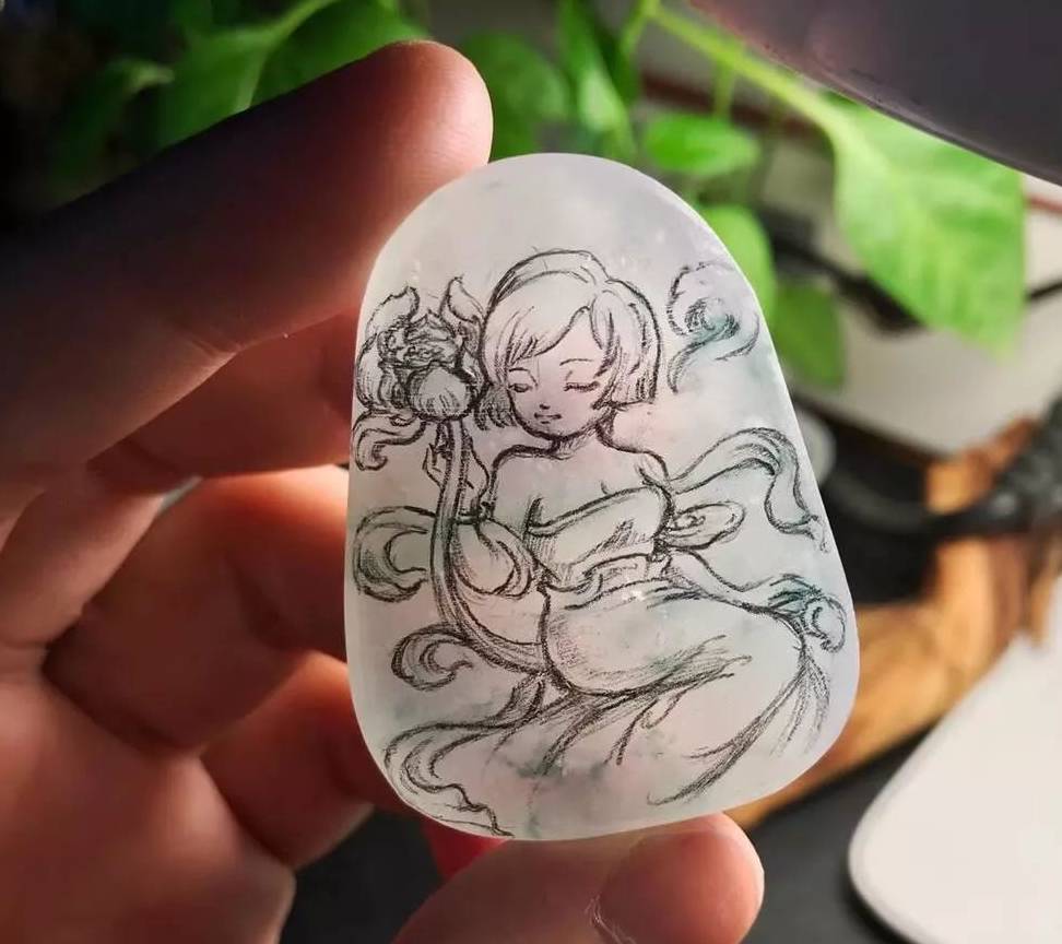 一块冰种翡翠片料,雕了位莲花仙子,美轮美奂!_雕刻_设计_玉雕