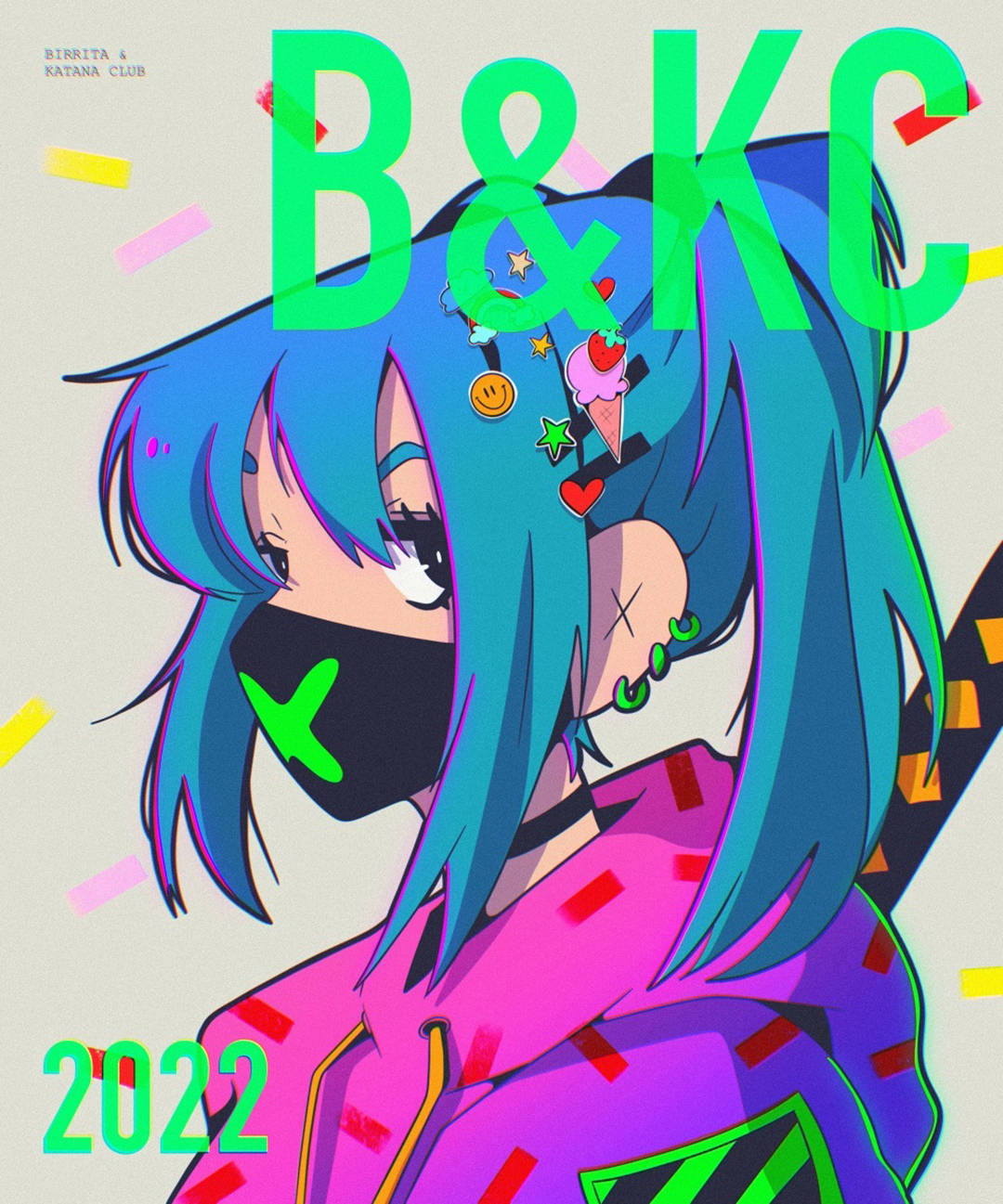 鲜明简约的复古朋克风少女插画,高饱和的色彩视觉冲击力非常强_作品