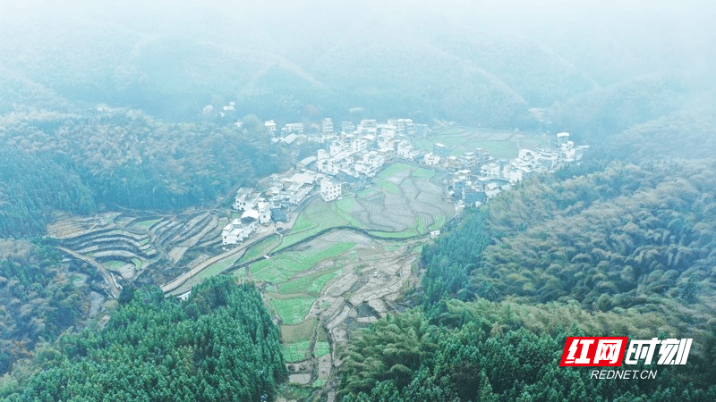 湖南新田：云雾缭绕村落映雪如仙境