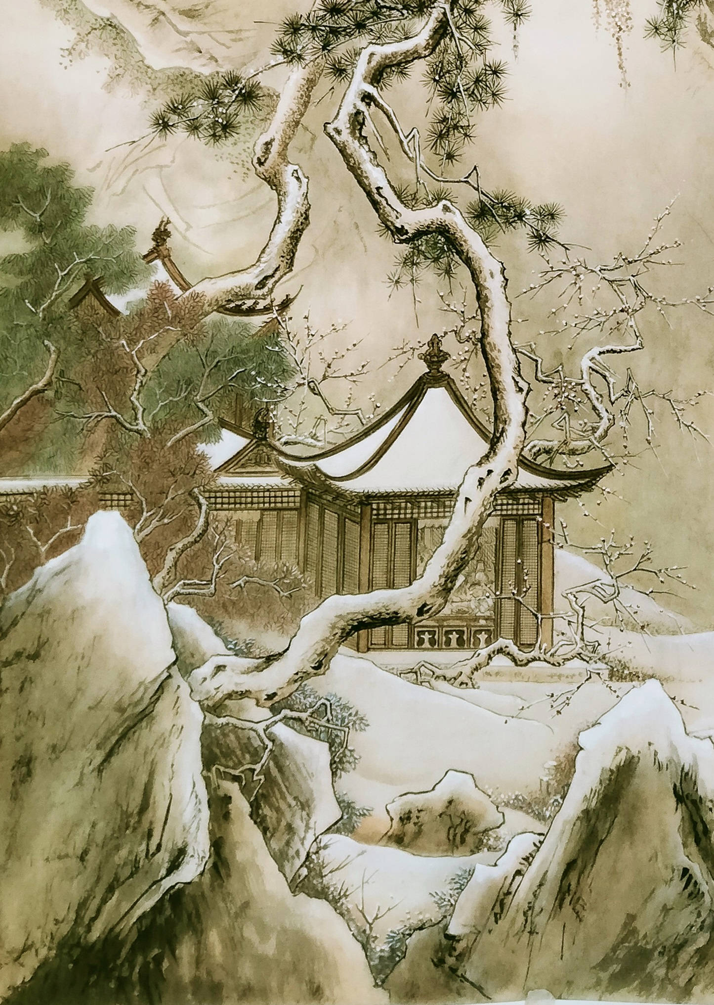 界画寒江---仿马远工笔界画《雪景图》_雪花_局部_燕山