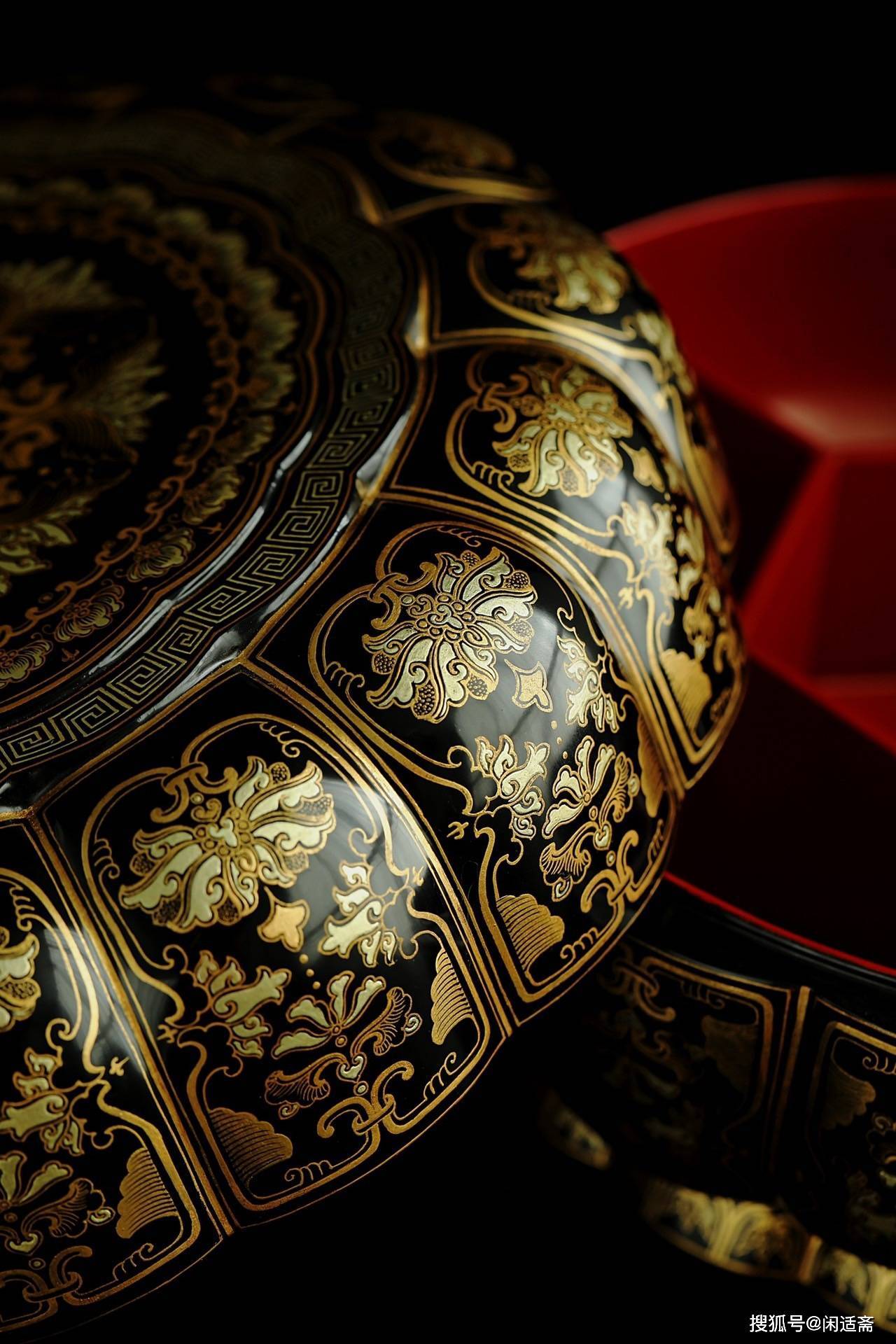 宫廷技艺,大漆描金缠枝莲,十六瓣大果盒