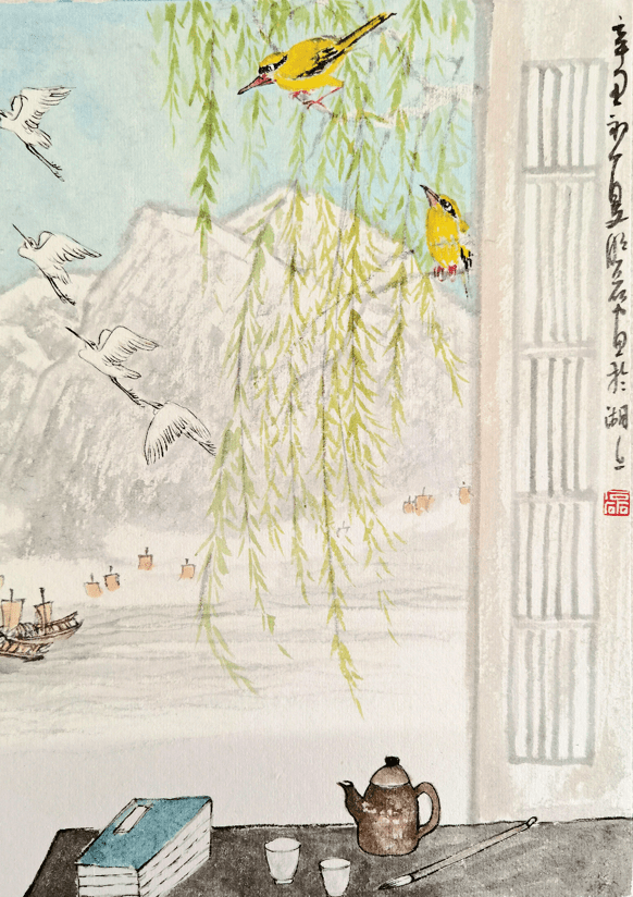 窗含西岭千秋雪,门泊东吴万里船.