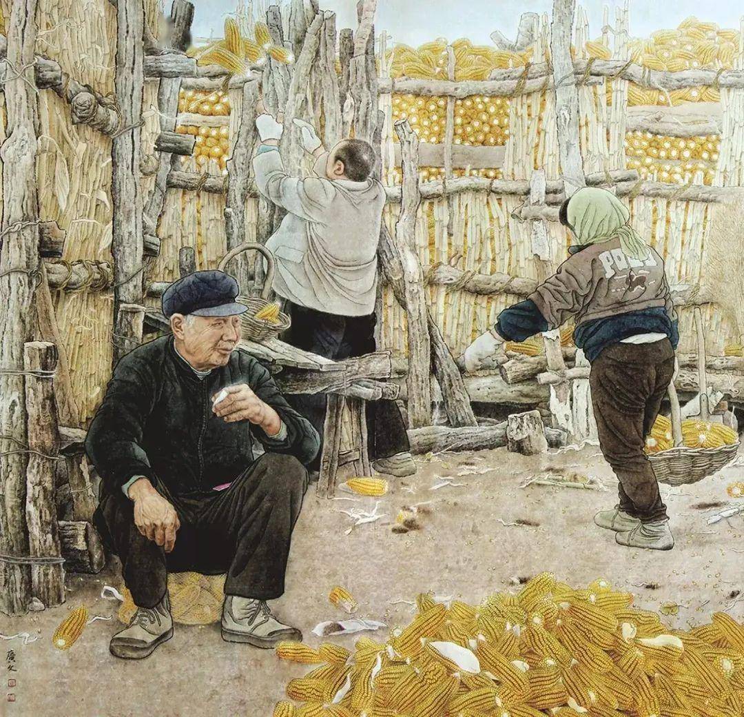 了工笔人物画《悦在今秋》,作品真实生动地再现了东北农村生活的场景