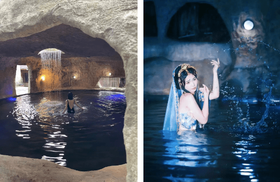 在洞穴里面泡温泉一定很不一样吧~泡/洞穴温泉,私汤温泉穿上汉服,漫步