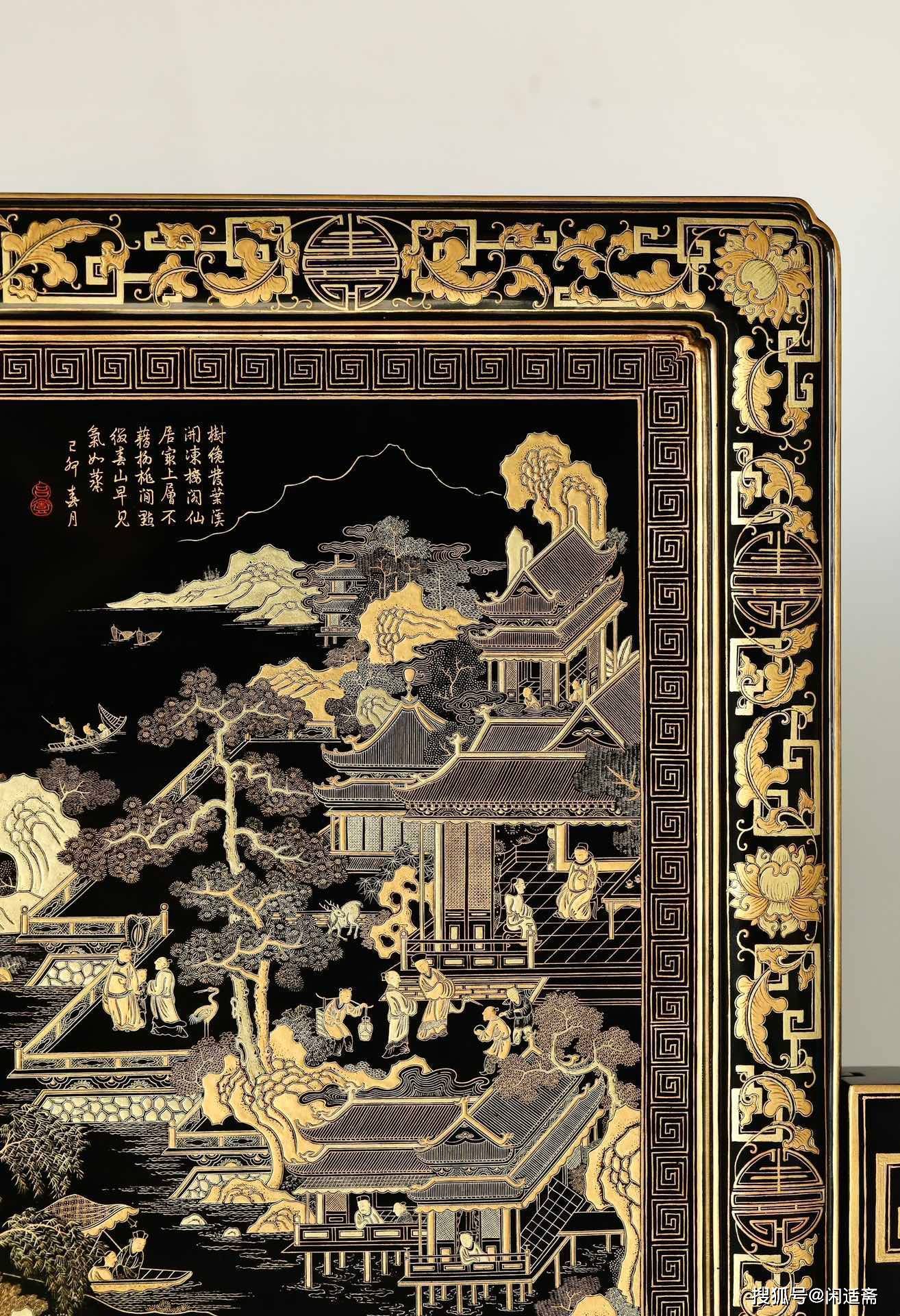 中式古典美学,山水人物图,黑漆堆绘描金插屏_漆器_绘画_工艺
