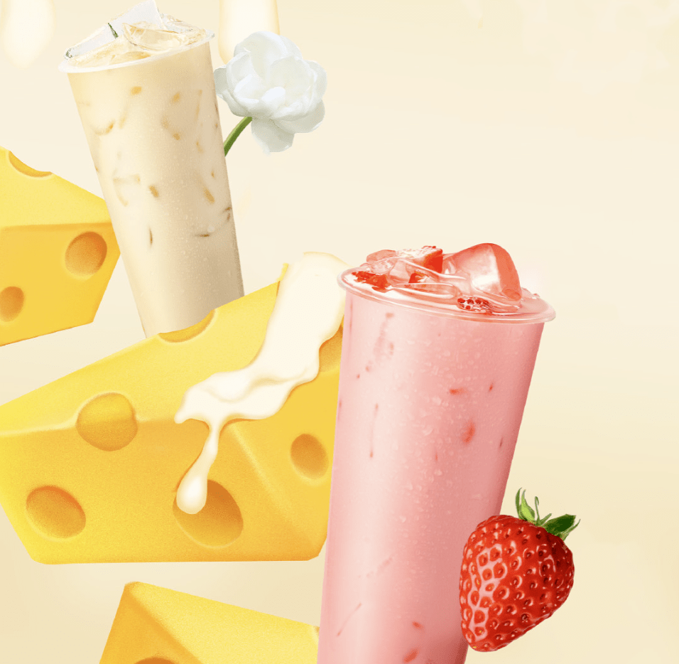 官宣上新首款牛乳生酪系列产品,包括生酪鲜草莓和茉莉生酪奶绿