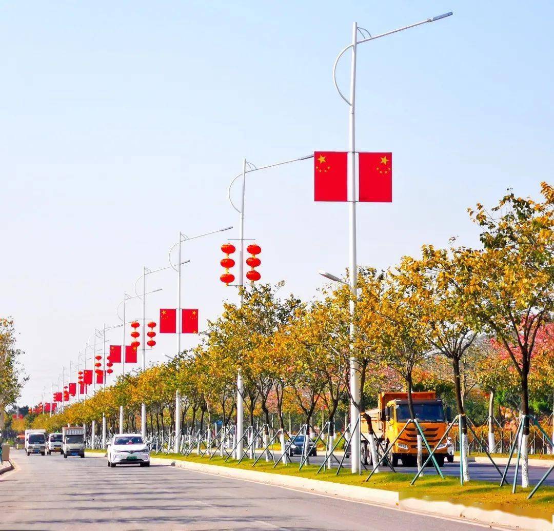 国旗飘扬 灯笼高挂 番禺红红火火迎新年_大道_路灯_高架桥