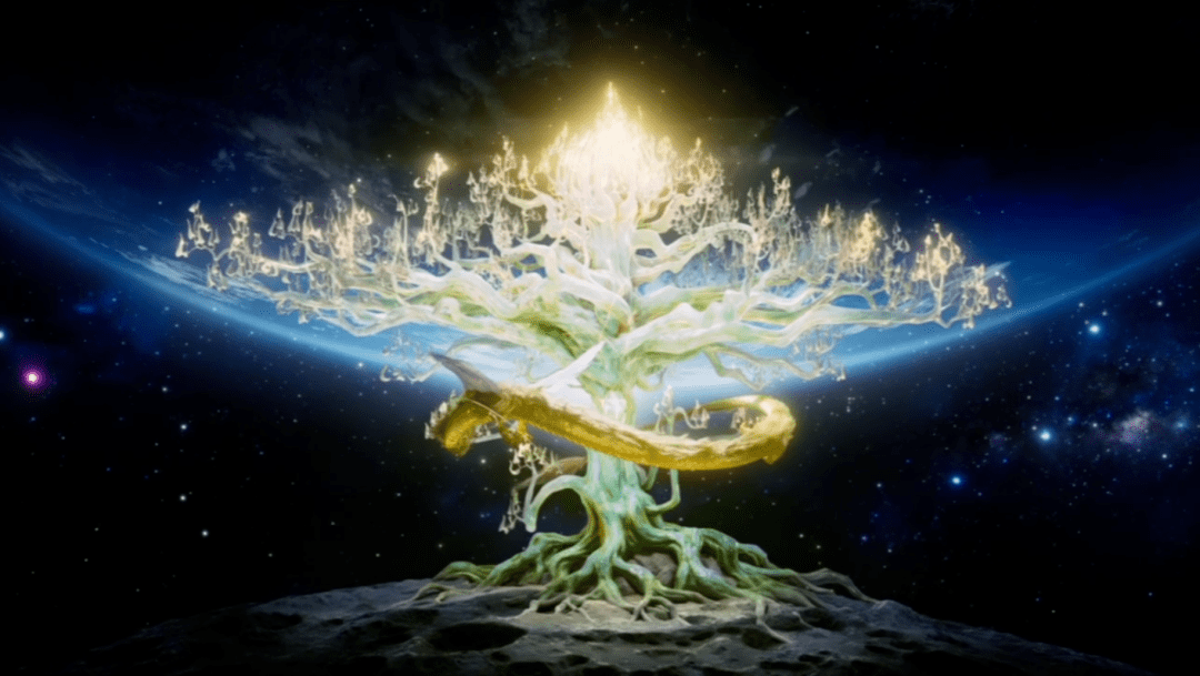 设计说明:据《山海经》记载,神树"建木"是沟通天地人神的桥梁,它巨大