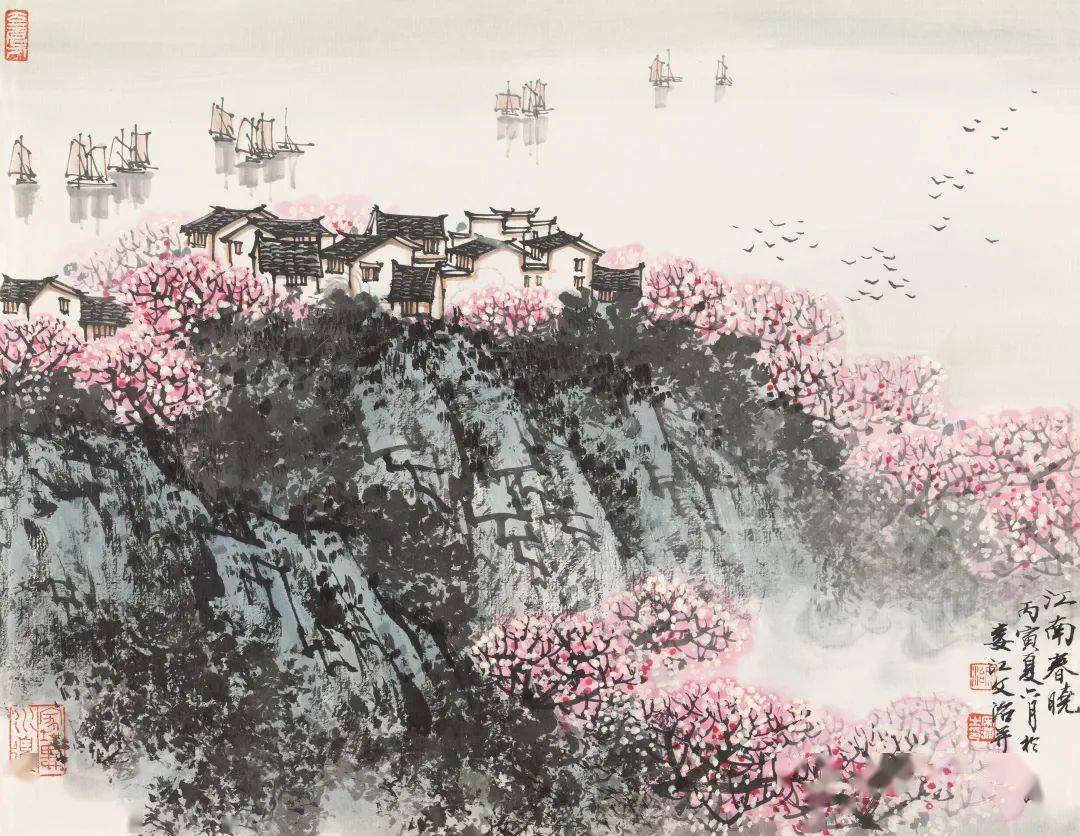 宋文治:春风又绿江南岸,桃花源里可耕田_太湖_画面_桃树