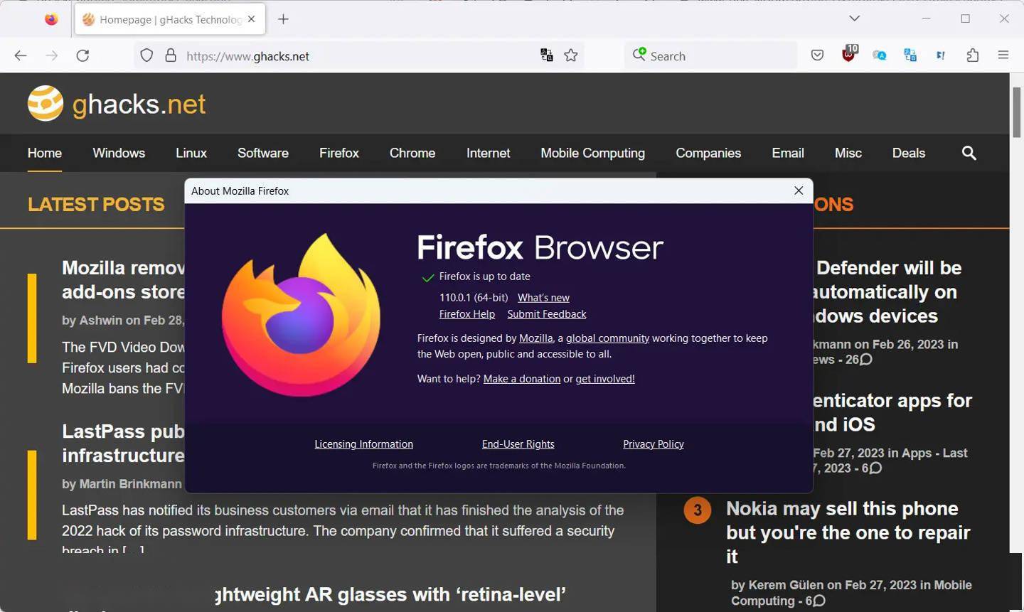 火狐浏览器Firefox 110.0.1发布 修复5个非安全问题