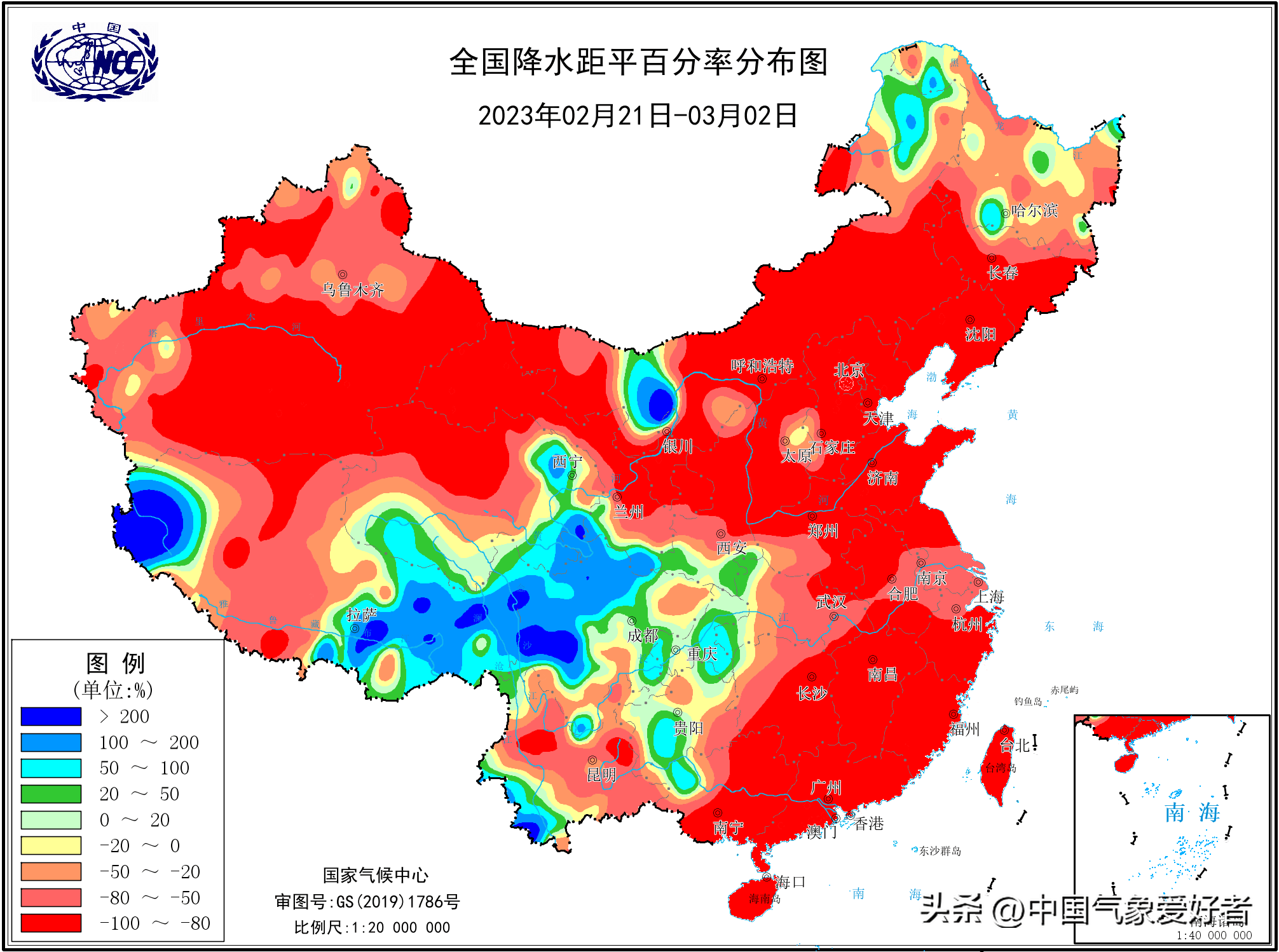 因此,在全国气象干旱综合监测图上可见,除了西南地区有明显的气象干旱