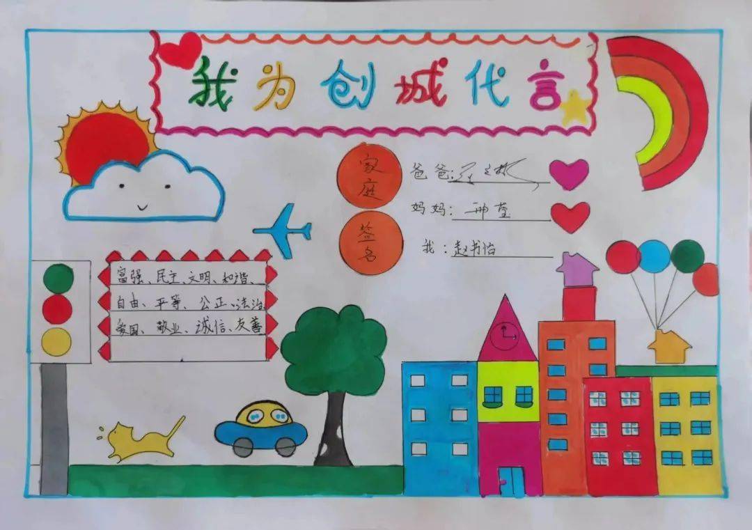 学生自主设计,制作我为创城代言画报,手抄报,邀请家长一起签名