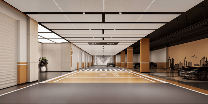 地下车库全部精装修打造,整体色系选用当下流行的莫兰迪色系,让整个