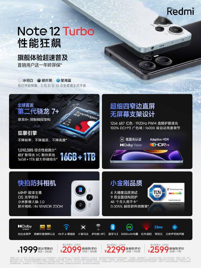 小米 Redmi Note 12 Turbo 手机发布      搭载球首发第二代骁龙 7 + 芯片