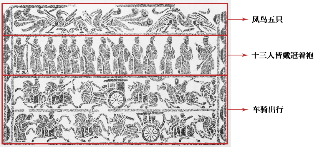 臨沂五里堡迎賓,車馬出行漢畫像石.畫面共分四層,每層內容各有不同.