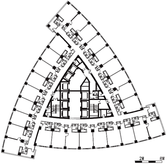 电信大楼外立面除矩形外,弧面三角形平面的虹桥22和银河宾馆[23],也