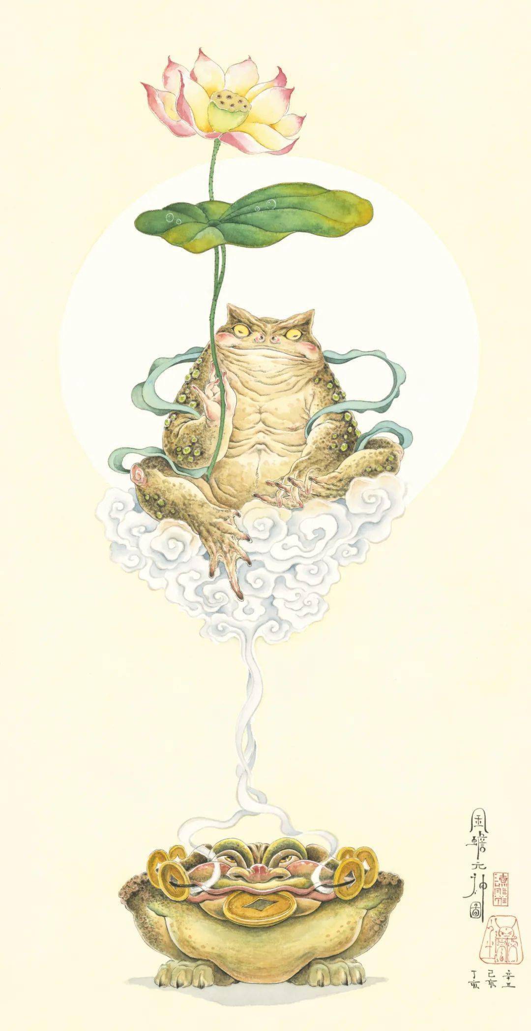 《金蝉元神》《财神来探头》《白仙抱参图》可以看到,除了蟾蜍,渣熊