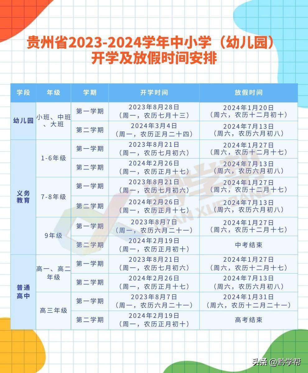 贵州省2023-2024学年中小学(幼儿园)开学放假时间来了_来源_教育