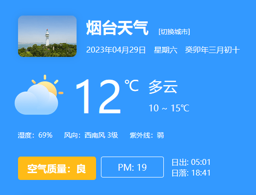 29日烟台天气:多云 10 ~ 15℃ 西南风3级_海域_海阳市_白天