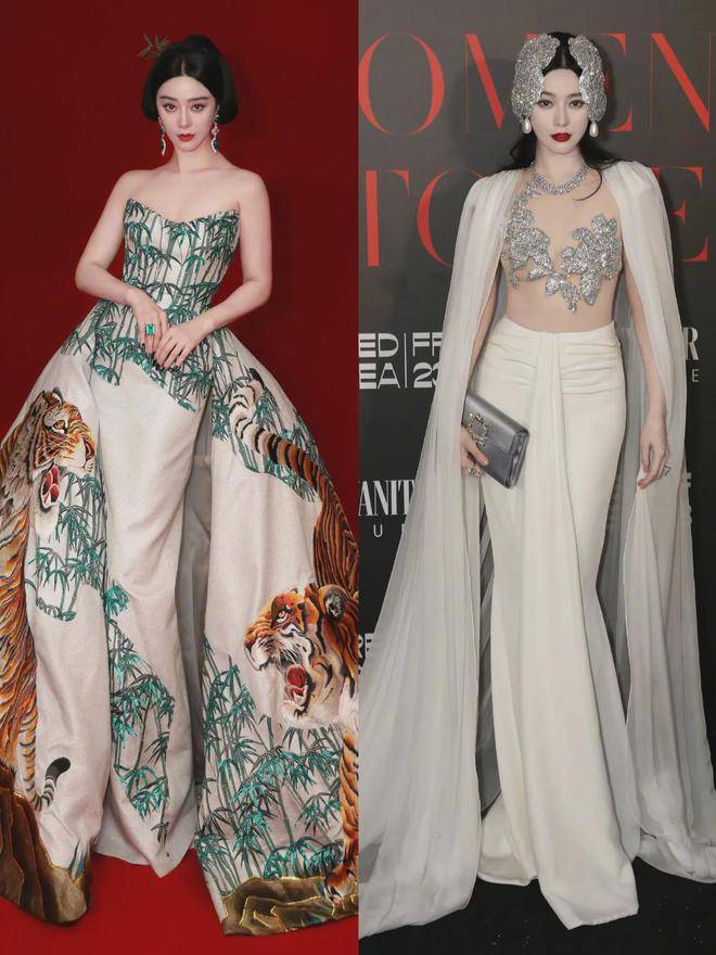 青花瓷,狐尾羽毛,金叶子,暗黑玫瑰……有的是设计师为范冰冰量身定制