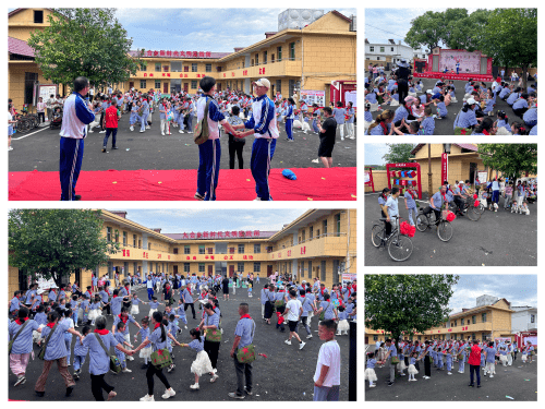 丢手绢,折纸飞机等丰富多彩的亲子活动,家长们身着亲子服,系着红领巾