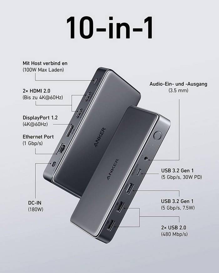 安克Anker发布564 USB-C十口扩展坞 最多可外接三路4K 60Hz显示器