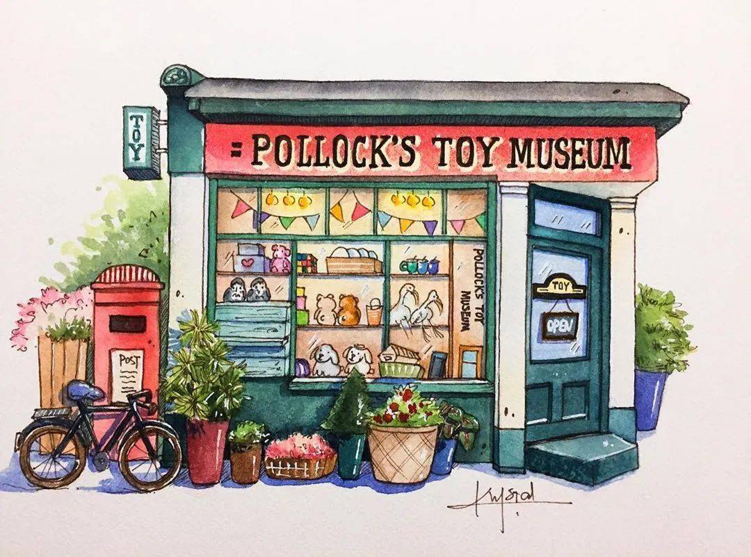作品来自:ins:krystal_jin_626清新钢笔淡彩手绘~日本街边小店铺