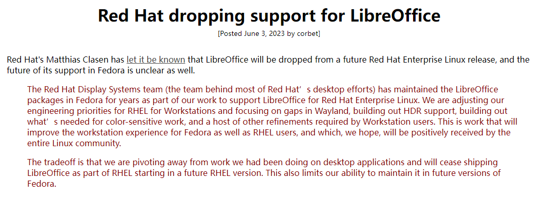 Red Hat经理称计划减少对LibreOffice的支持