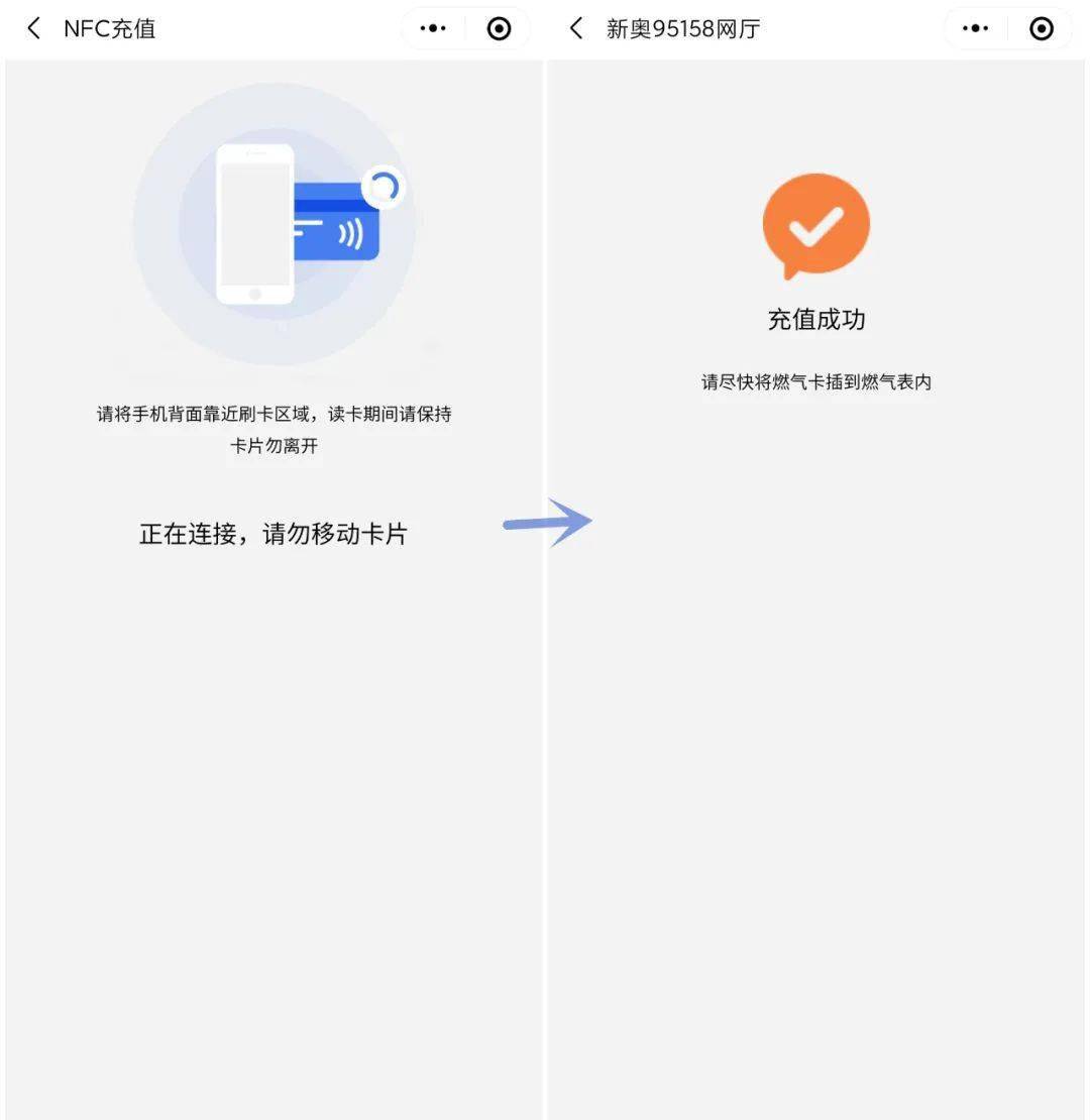 5、缴费成功后再次读卡，将购气量充值到nfc卡中，并尽快插到燃气表内。充值方式二：下载中信银行app