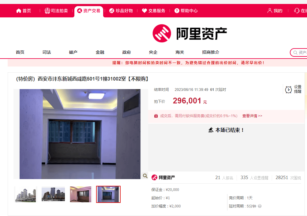 1元起拍，29.6万元成交！21人争抢西安1套公寓！_拍卖_房源_市场价