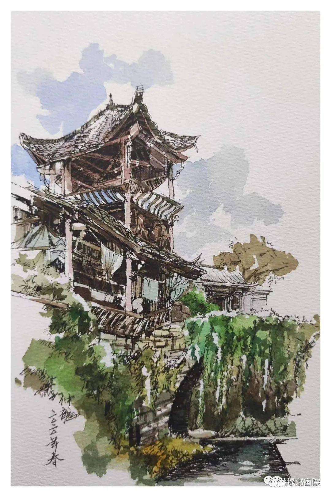 钢笔淡彩风景画简单图片