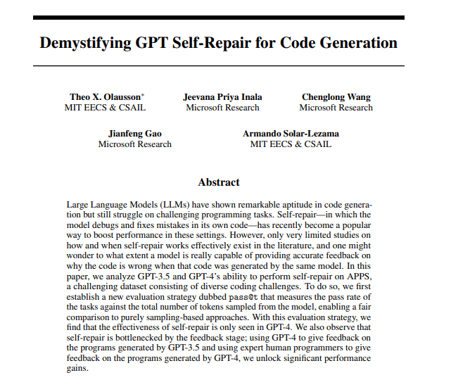 研究表明GPT-4模型具有优秀的代码自我纠错能力 而GPT-3.5不具有该特性