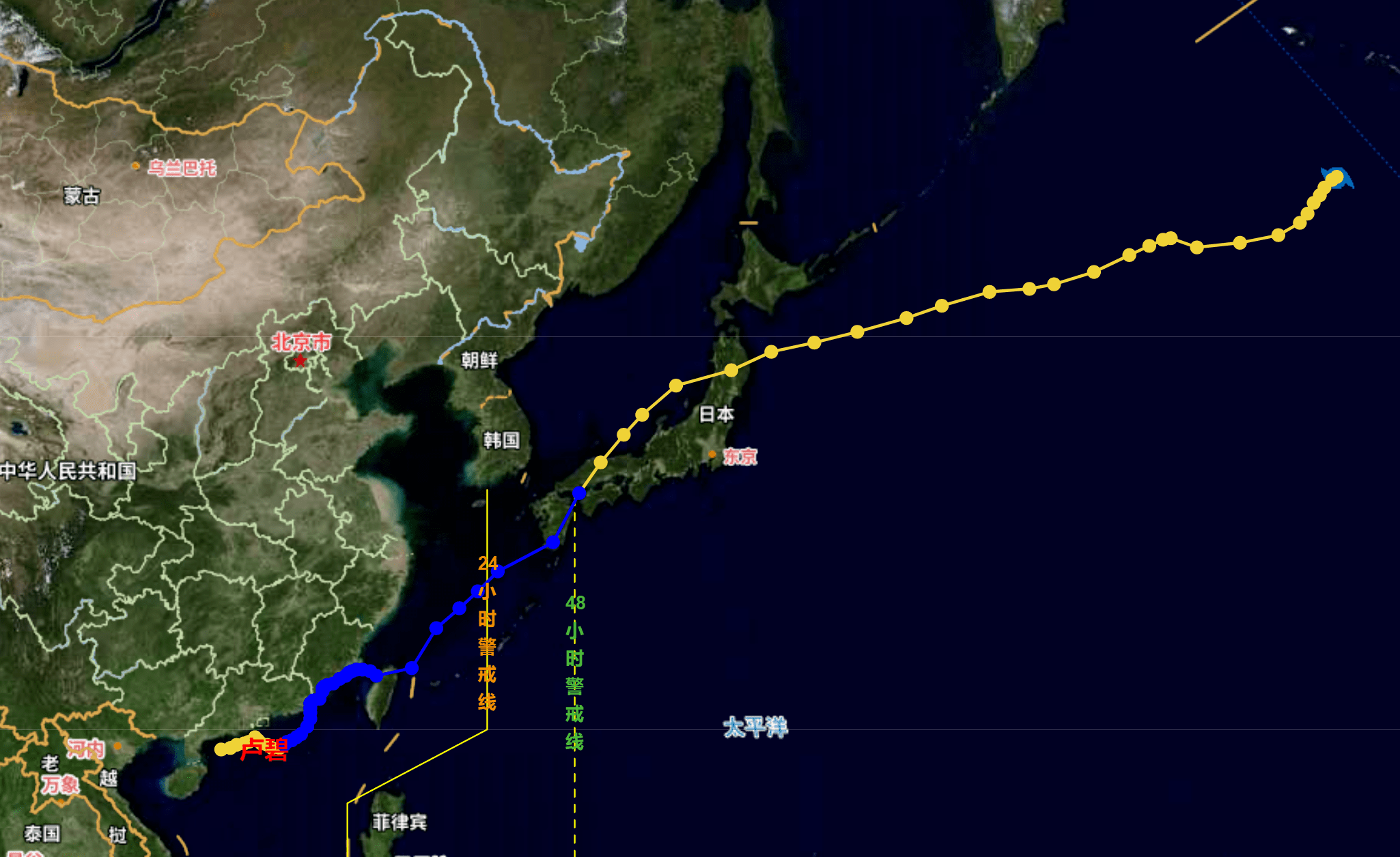 2021年第9号台风"卢碧"移动路径两个台风相距较近时,有可能发生双台风