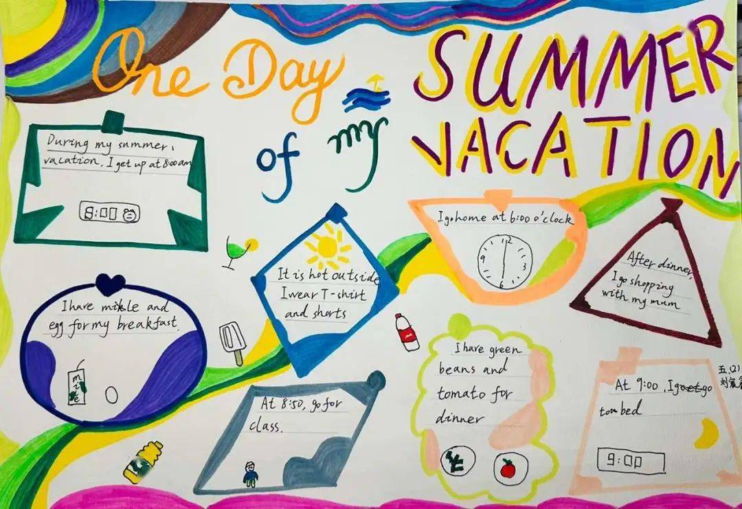 五年级的孩子们暑假生活丰富多彩,他们以summer vacation为主题,在