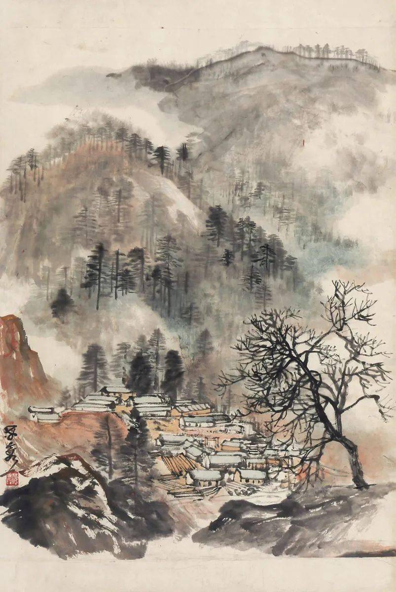 国画小山村山水画图片