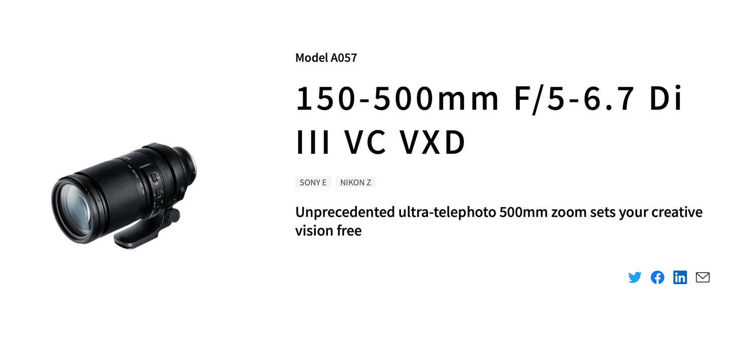 腾龙尼康 Z 卡口 150-500mm F / 5-6.7 镜头上线，高速、高精度的线性马达对焦机构 VXD 