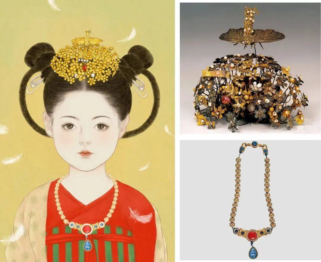 左:李静训着饰品复原画像(现代)右上:嵌珍珠宝石金花蝶头饰(隋)图