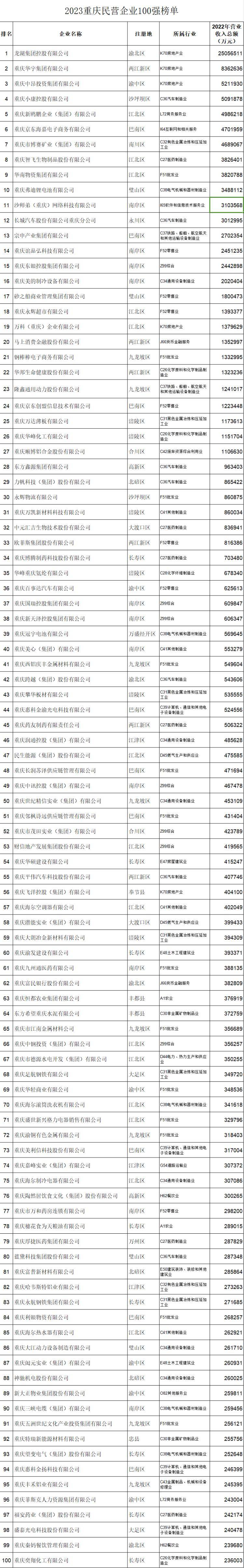 2023重庆民半岛体育官方网站营企业100强出炉！龙湖、华宇、中昂位列前三